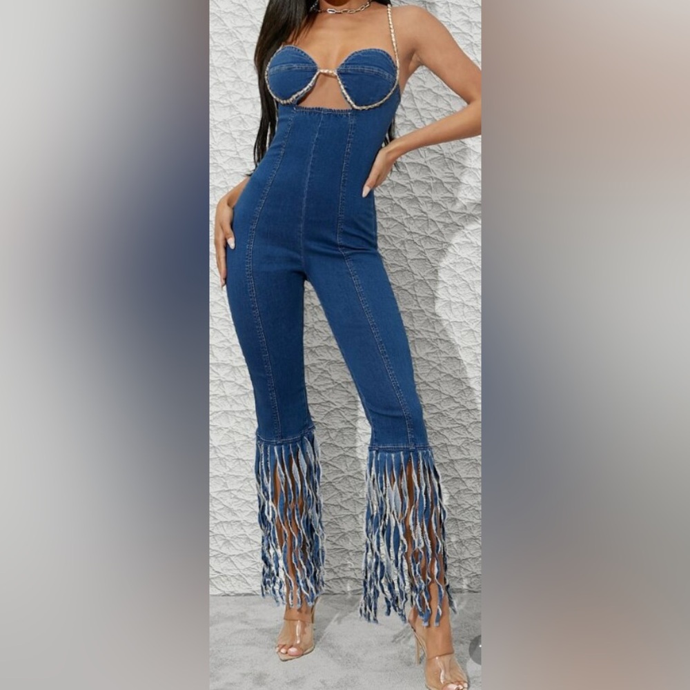 Front Chain Detail on Fringe Denim Jumpsuit - Size S